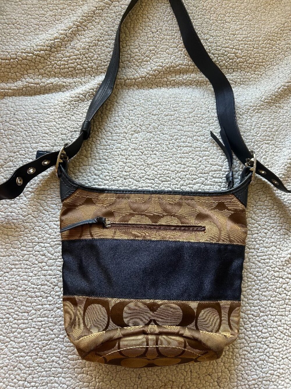 Coach -- tan/ brown signature C canvas, rugby duffel tote, blue stripe/ strap